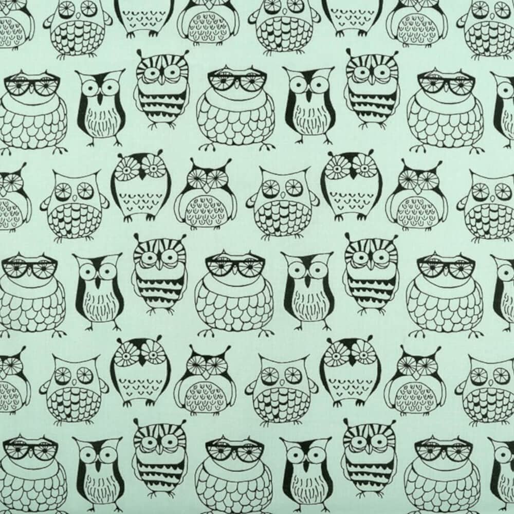 100% Cotton Fabric with Owl Motif, Mint, 140 cm Wide