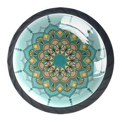 Set of 4 Mandala Boho Cabinet Knobs with Green Floral Pattern