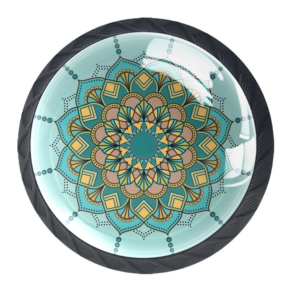 Set of 4 Mandala Boho Cabinet Knobs with Green Floral Pattern