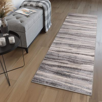 TAPISO Sari KOTEX Runner Rug, Gray/Beige, Short-Pile Modern Stripes, 90 x 320 cm