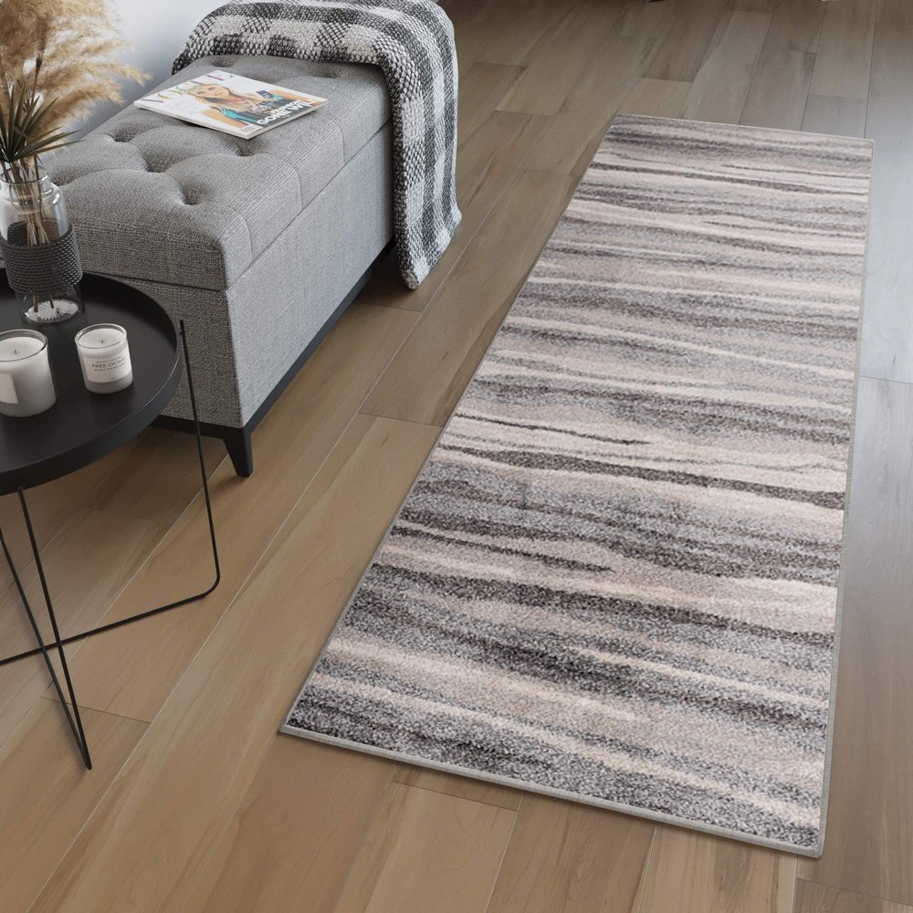 TAPISO Sari KOTEX Runner Rug, Gray/Beige, Short-Pile Modern Stripes, 90 x 320 cm