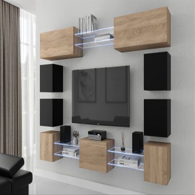 Furnitech Living Room Wall Unit with RGB LED Lighting, 16 Colors, Shelves and TV Cabinet (Future C80N-21SB-M-51)
