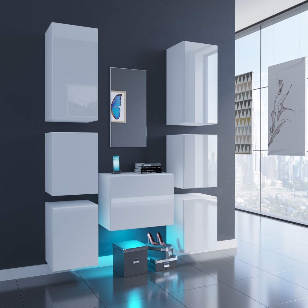 Furnitech F3 Hallway Wardrobe Set with Mirror, Blue LED, F3-HG-W2 White