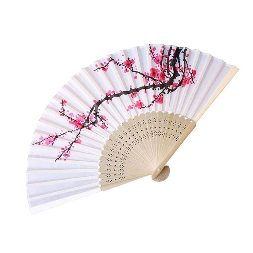 TGRTY Hand-Painted Plum Pattern Bamboo Folding Fan, White, 8.26 in