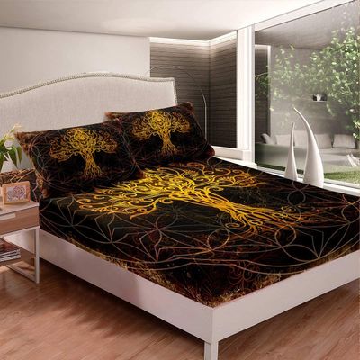Golden Foliage Tree of Life 160x200 cm Fitted Sheet Set, Black and Gold