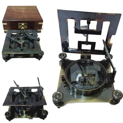 Brass Sundial Compass, 10.2 cm, Black, Antique Look, Navy Blue, Fully Functional Compass with Wooden Box, Nautical London Compass