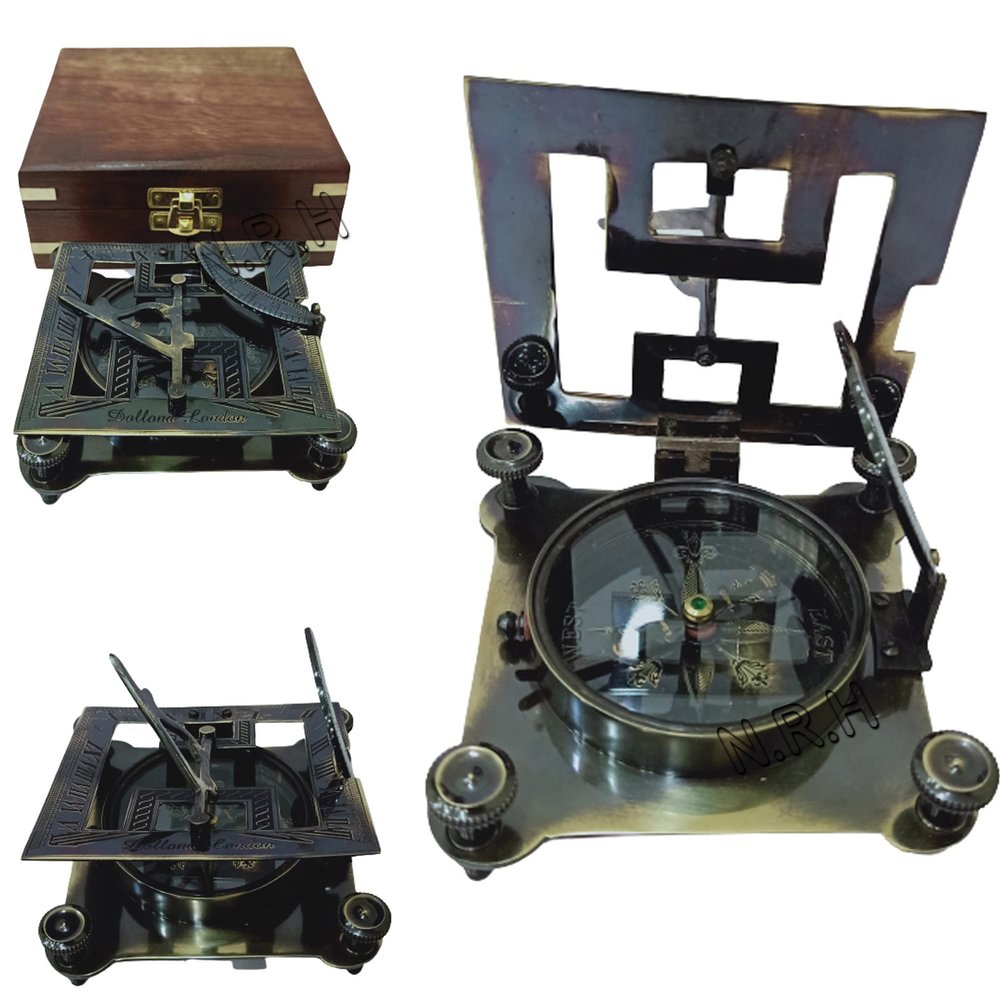 Brass Sundial Compass, 10.2 cm, Black, Antique Look, Navy Blue, Fully Functional Compass with Wooden Box, Nautical London Compass