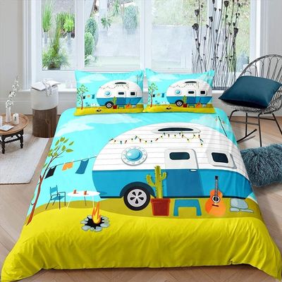 XCWDC 220x200 cm White Caravan Pattern Bedding Set, Soft Cozy 90 GSM Microfiber, Duvet Cover with 2 Pillowcases 80x80 cm, Zipper Closure