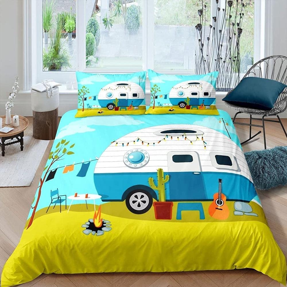 XCWDC 220x200 cm White Caravan Pattern Bedding Set, Soft Cozy 90 GSM Microfiber, Duvet Cover with 2 Pillowcases 80x80 cm, Zipper Closure