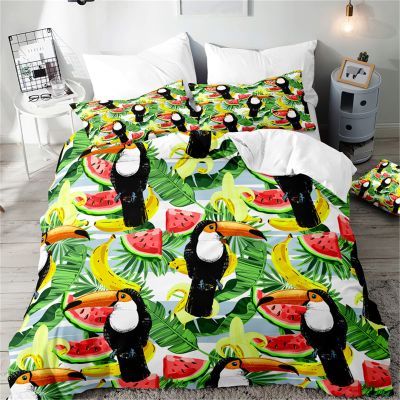 Hiseng 3D Toucan Print Bedding Set, 3-Piece Microfiber Duvet Cover Set, Red Watermelon, 180 x 220 cm