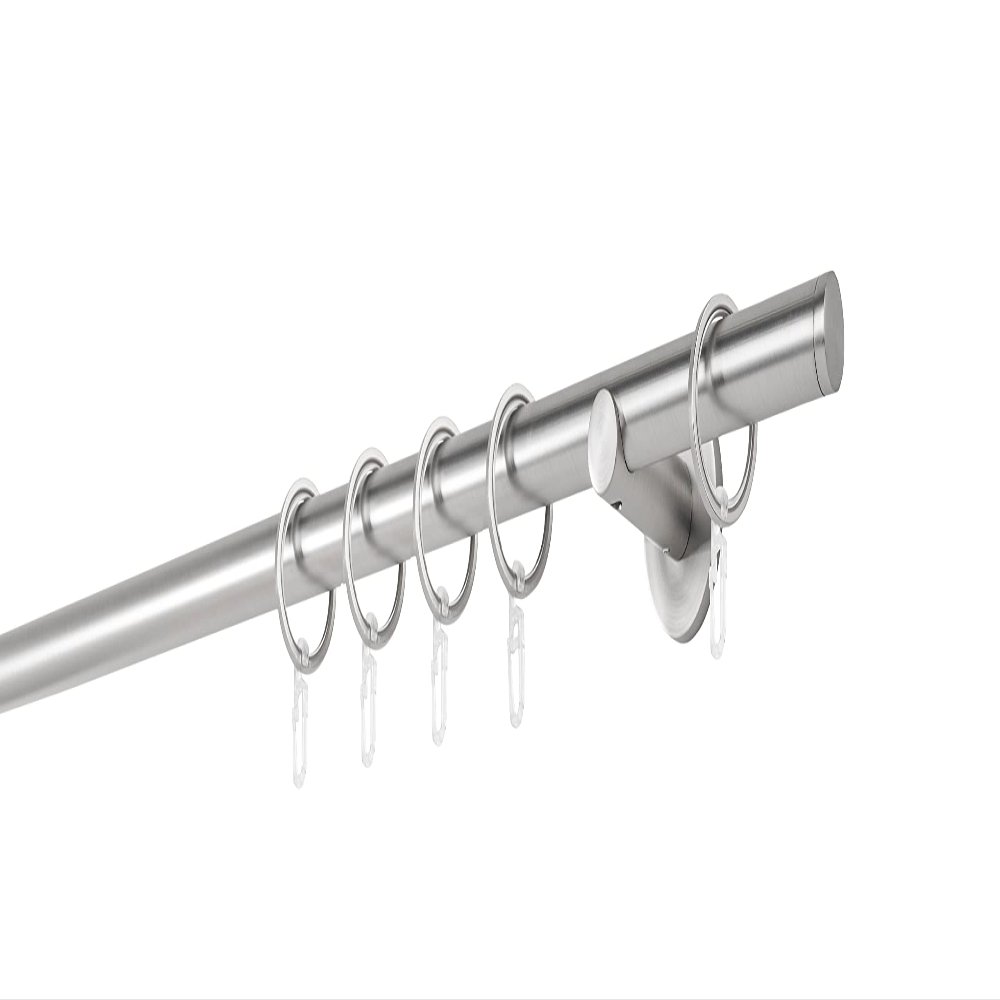 ondeco Custom-Length Curtain Rod, 20 mm, Match Single-Track, 6.5 cm Wall Brackets, Rings, Stainless Steel Look, 140 cm
