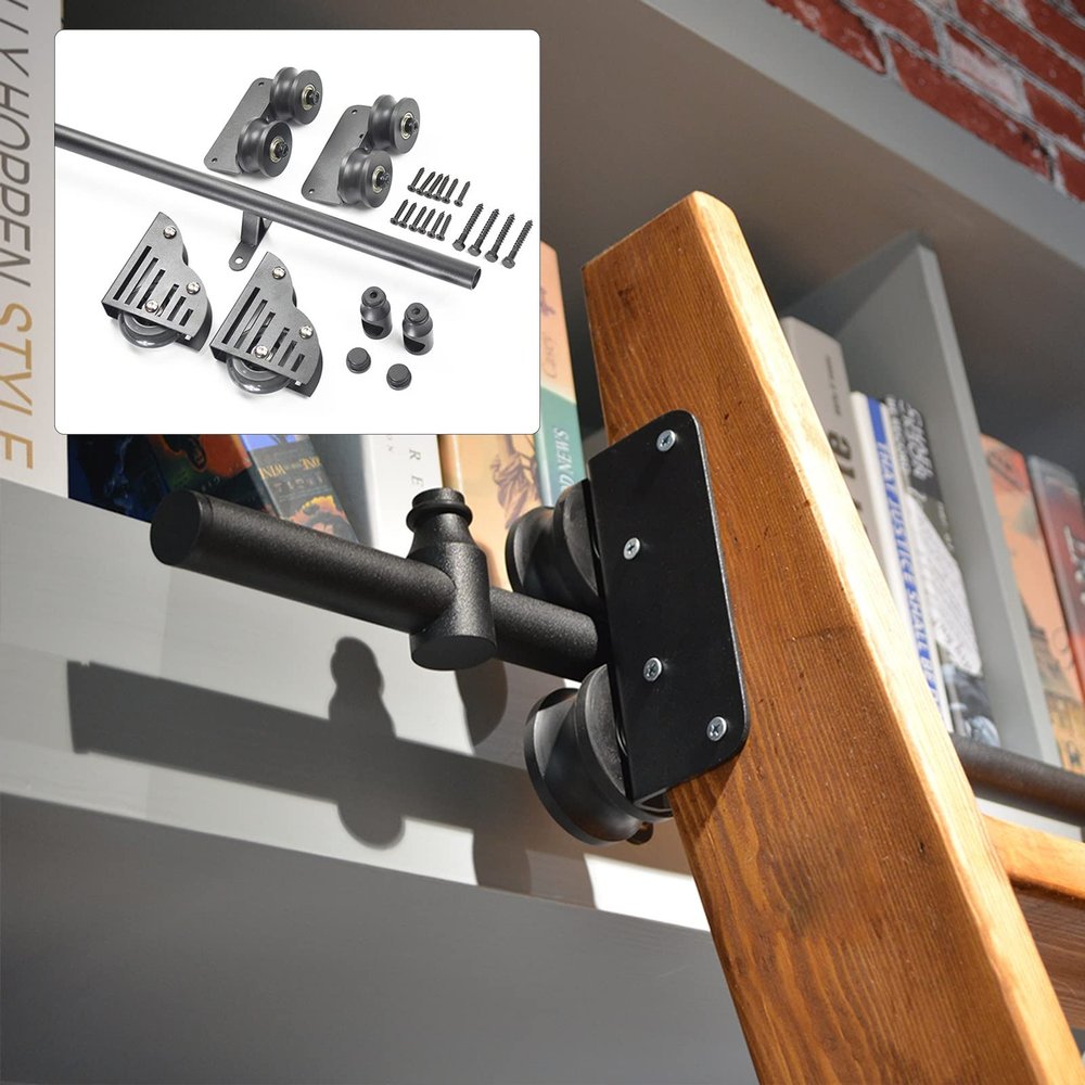 XFSHKJS Sliding Barn Door and Rolling Ladder Hardware Kit, 300 cm Rail Set, for Home, Indoor Spaces and Lofts (Ladder Not Included)