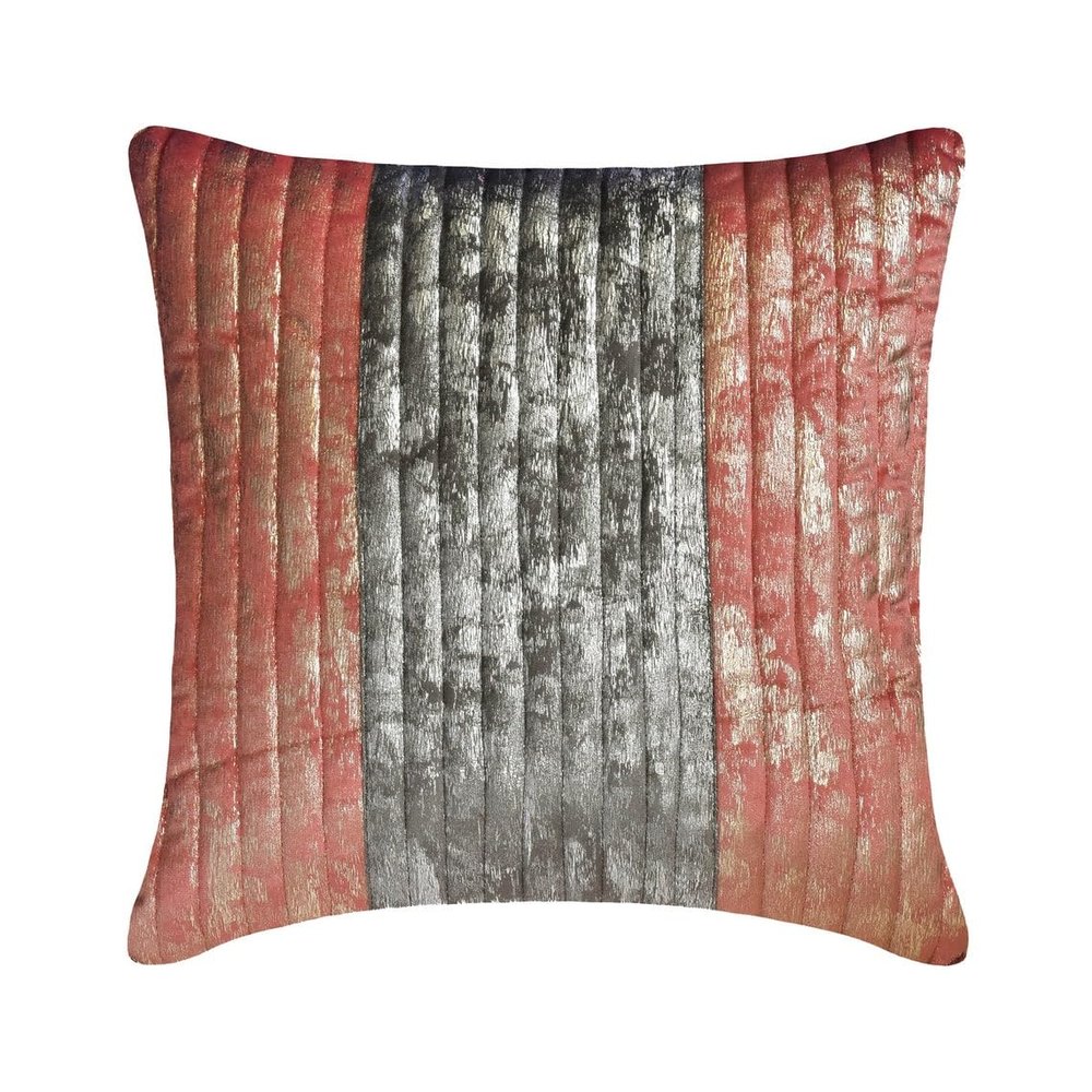 The HomeCentric Peach & Gray Decorative Velvet Pillow Cover, 40 x 40 cm, Foil-Finished, Quilted & Patchwork Striped Design - Peach Dusk