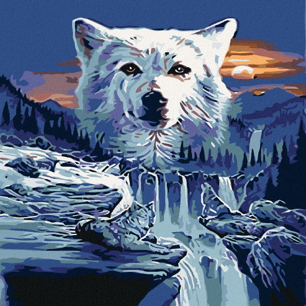 ZUTY Paint by Numbers – Wolf and Waterfalls, 40 x 50 cm, with Stretched Canvas Frame
