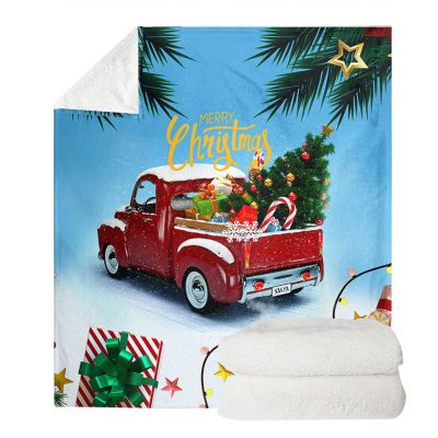 HUGS IDEA Merry Christmas Blanket, Pickup Truck Print, Christmas Tree & Stars, Faux Fur, Blue, M