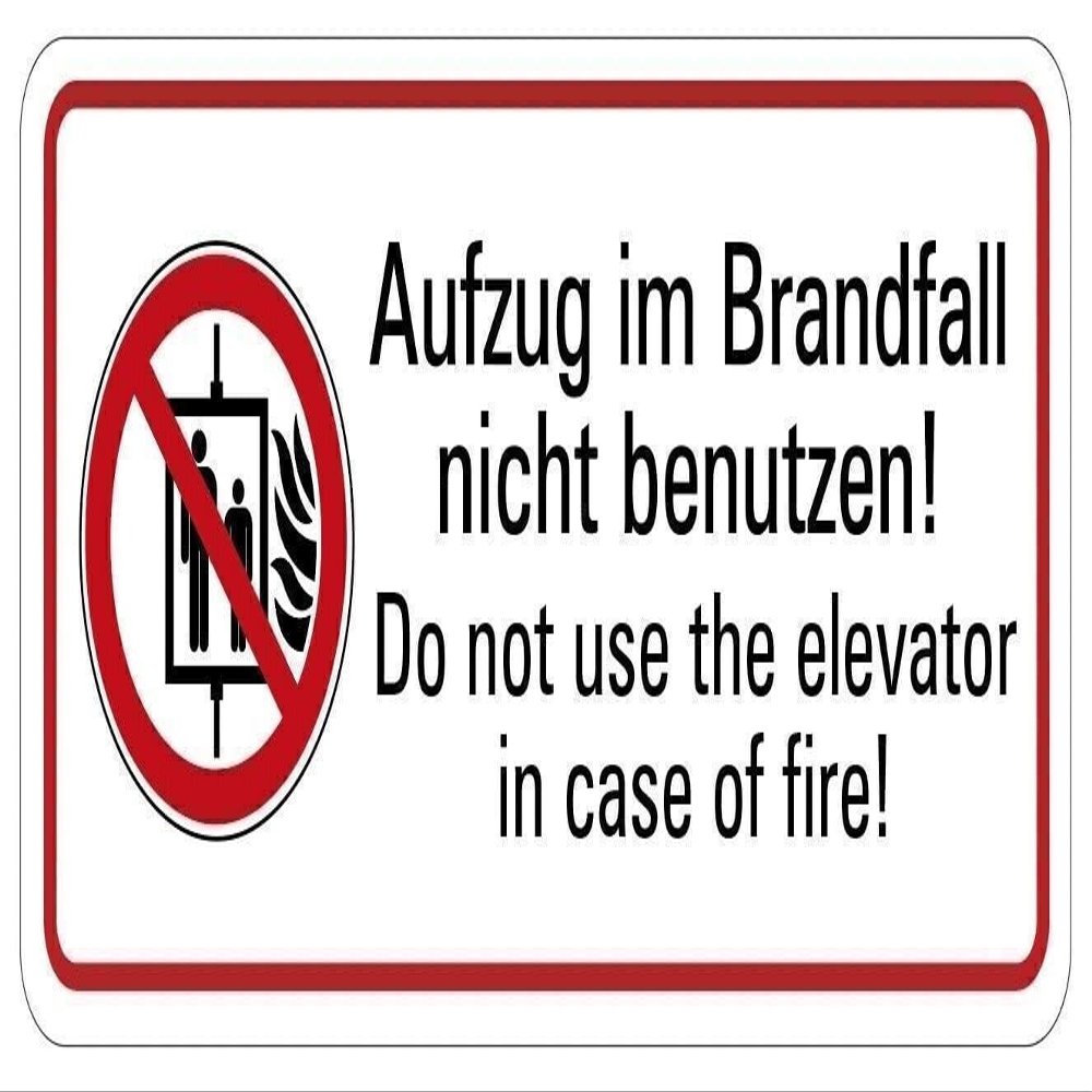 “Do Not Use Elevator in Case of Fire” DE/EN Fire Safety Sign, Film, Similar to ISO 7010, Selectable Size