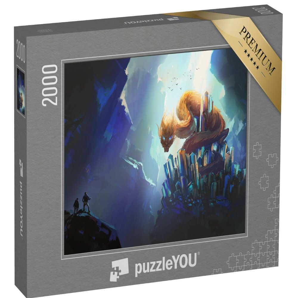puzzleYOU: 2,000-Piece Puzzle, Oriental Dragon Sitting on a Gemstone, Fantasy Illustration