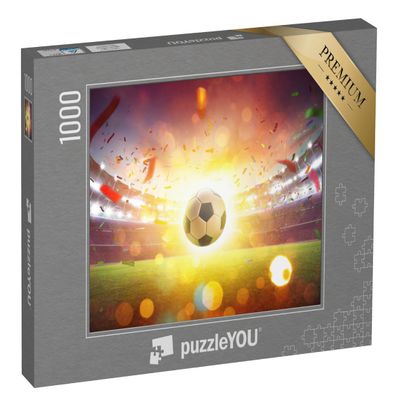 puzzleYOU: 1,000-Piece Abstract Floating Soccer Ball in Stadium with Smoke and Bokeh