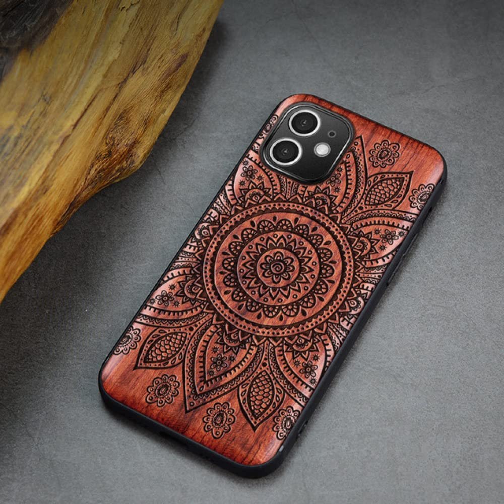 GGOIl Wooden Case for iPhone XR 11 12 Pro Mini 7 8 Plus X XS Max SE 2020, Luxury Silicone Phone Cover, Chiba Flower (A116), for iPhone 11 Pro Max
