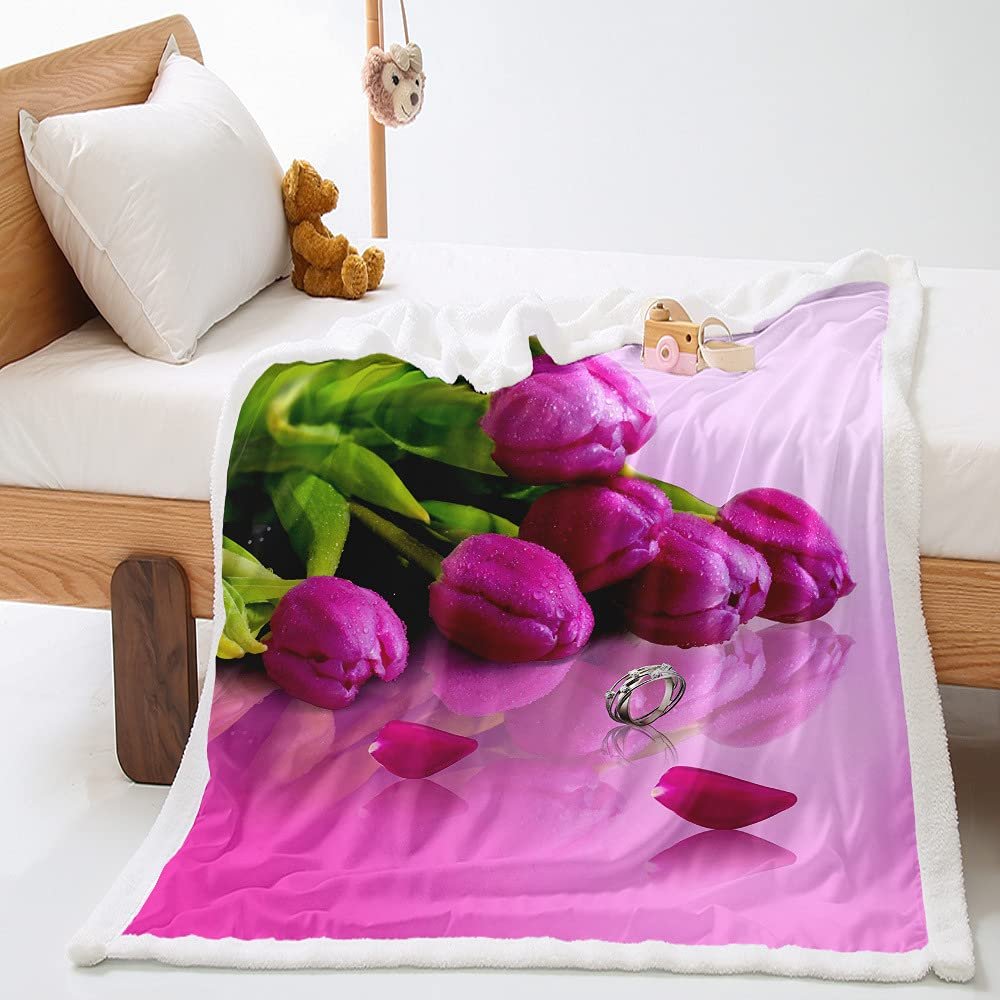 Highdi Plush Double-Sided Fleece Blanket with Purple Tulip Print, 51 x 59 in