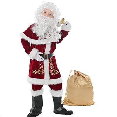 Mayber Deluxe Santa Claus Costume Set for Christmas, Themed Party Cosplay Outfit for Adults and Children (Children, 11 Pieces, XL)