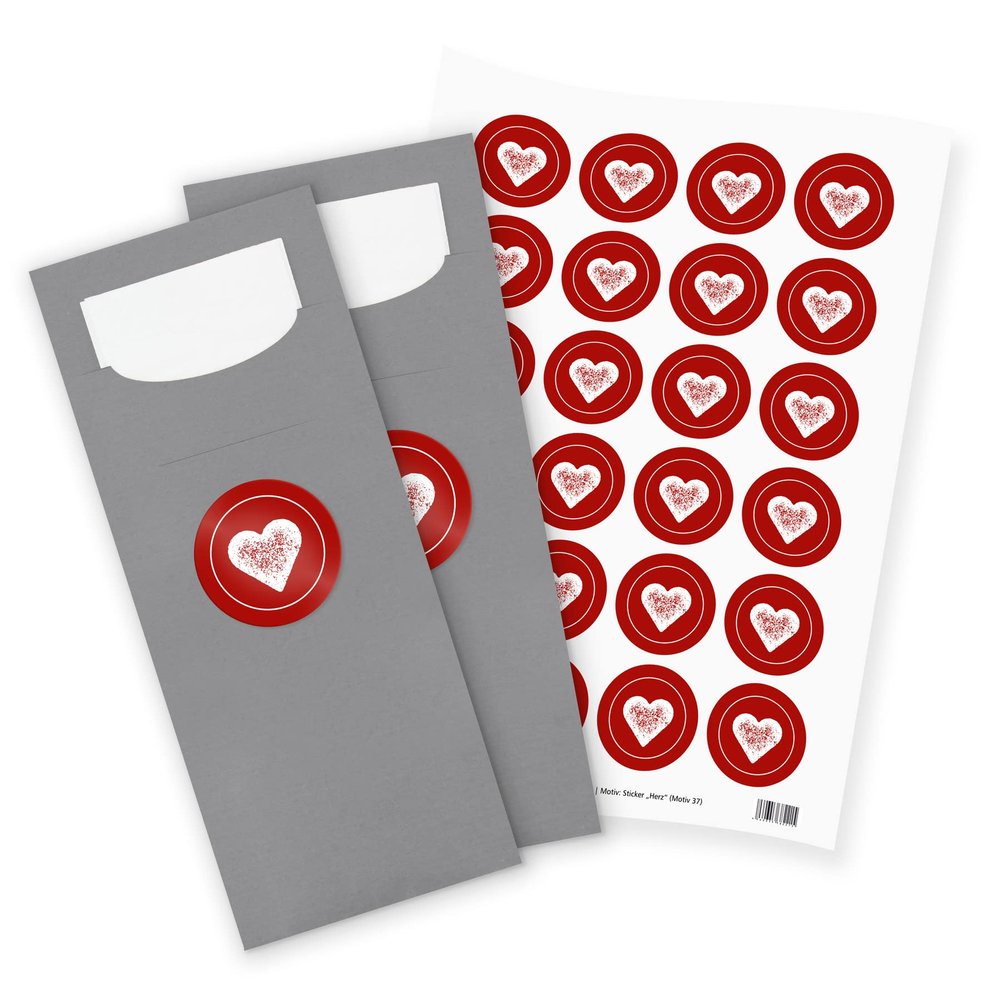 itenga 24 Gray Cutlery Pockets with Red-and-White Hearts, Napkins and Stickers