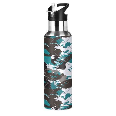 Mnsruu Black and White Camouflage Water Bottle with Straw, 600 mL