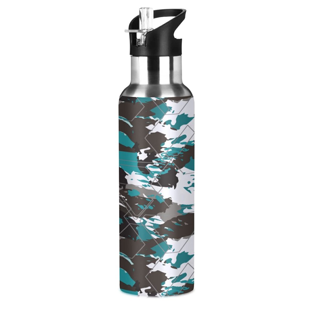 Mnsruu Black and White Camouflage Water Bottle with Straw, 600 mL