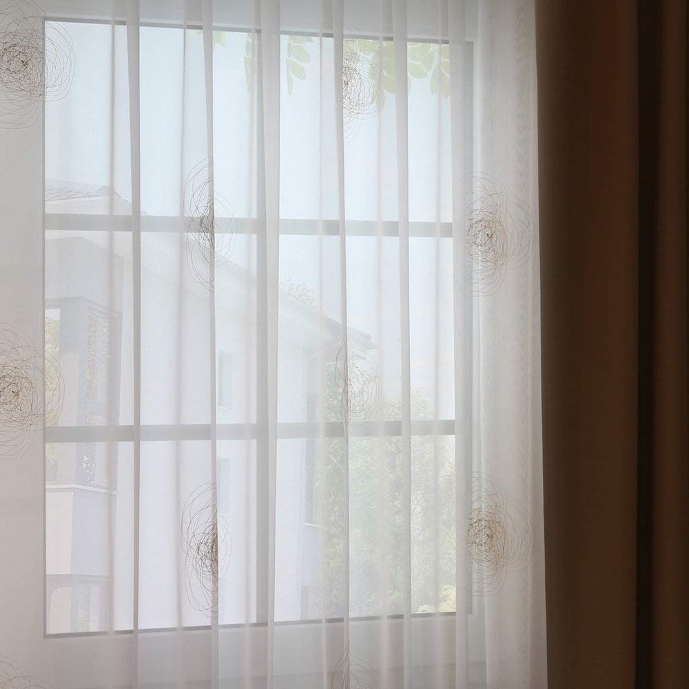 EASYHomefashion BARLETA Voile Sheer Curtain Panel with Embroidery, Pleat Tape and Weights, 130 x 600 cm (H x W)
