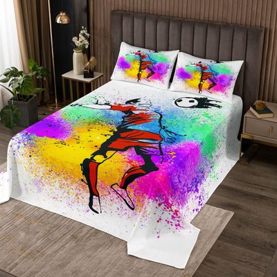 feelingyou Soccer Player Bedspread 170 x 210 cm, Competitive Games Theme Quilt Set for Kids' Rooms, Colorful Tie-Dye Graffiti Design, Quilted Microfiber with 1 Pillow Sham