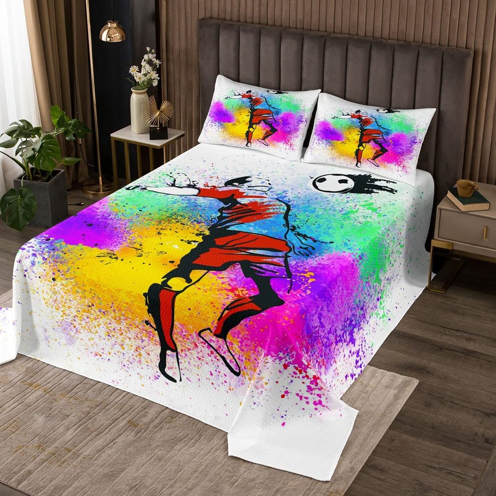 feelingyou Soccer Player Bedspread 170 x 210 cm, Competitive Games Theme Quilt Set for Kids' Rooms, Colorful Tie-Dye Graffiti Design, Quilted Microfiber with 1 Pillow Sham