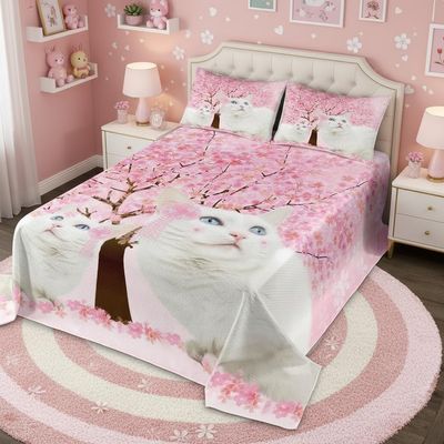 feelingyou White Cat Bedspread Set for Girls and Teens, Pink Watercolor Floral Tree Design, 220 x 240 cm