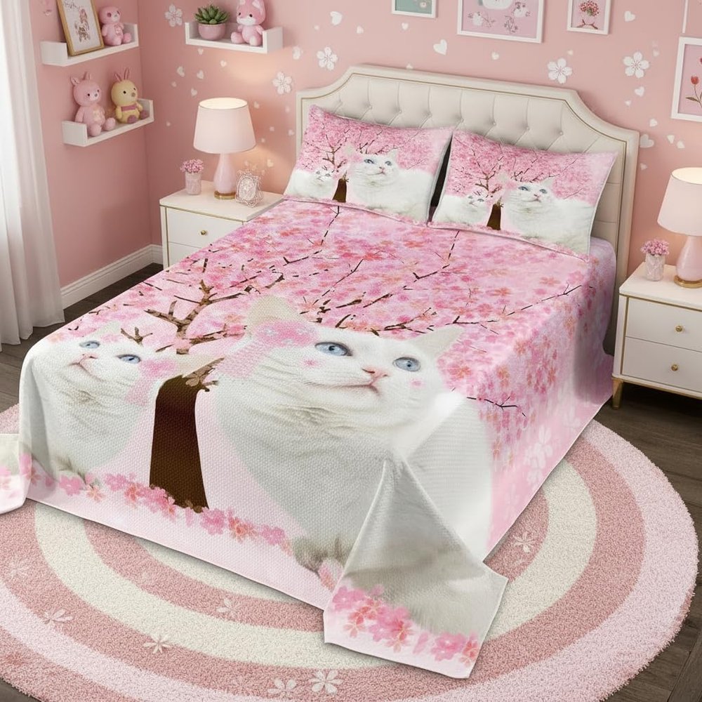 feelingyou White Cat Bedspread Set for Girls and Teens, Pink Watercolor Floral Tree Design, 220 x 240 cm