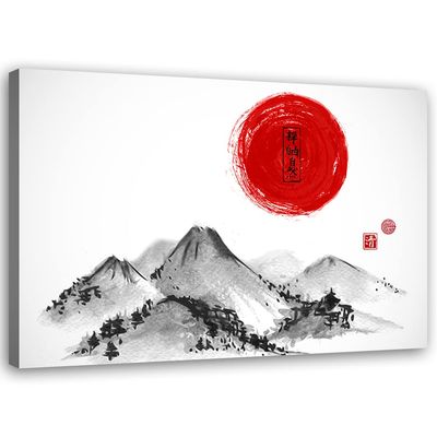 Feeby Non-Woven Canvas Print Japan Red Sun Mountains 60 x 40 cm