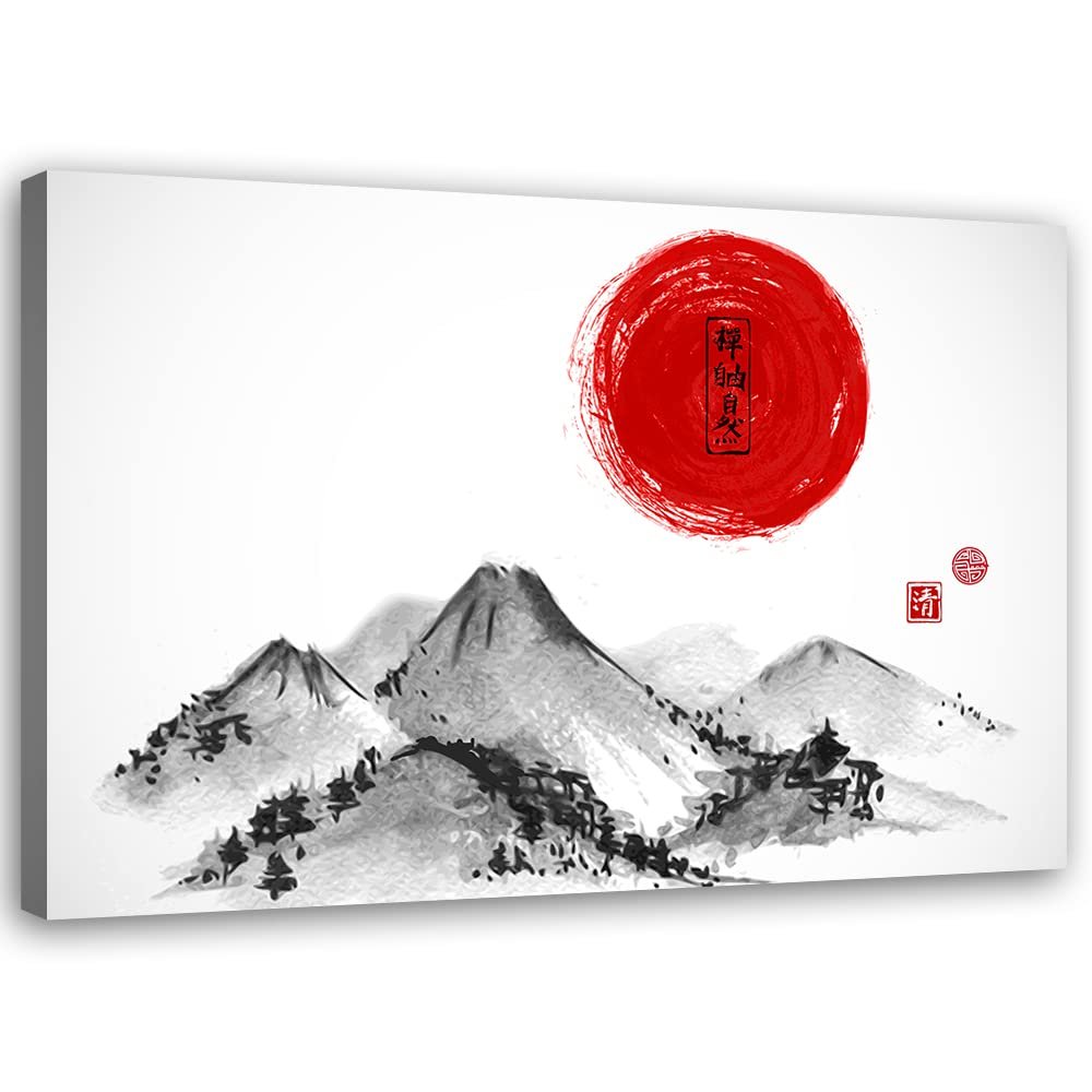 Feeby Non-Woven Canvas Print Japan Red Sun Mountains 60 x 40 cm