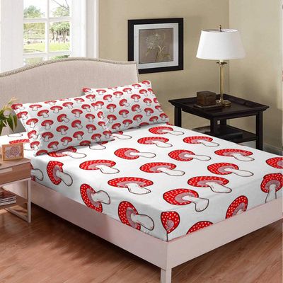 Kids' Cute Cartoon Mushroom Fitted Sheet Set, 160 x 200 cm, Red and White