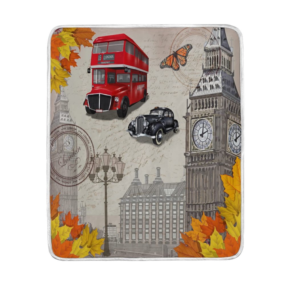 COZYhome Autumn Vintage London Big Ben Soft Fleece Throw Blanket, Warm Plush Throw for Sofa, Couch, Bedroom, and Travel, 130 x 150 cm