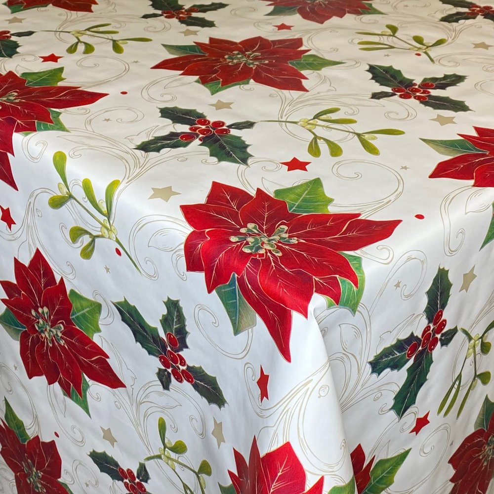 KEVKUS P847-3 Oilcloth Tablecloth, Poinsettia and Mistletoe, 140 x 160 cm, Rectangular