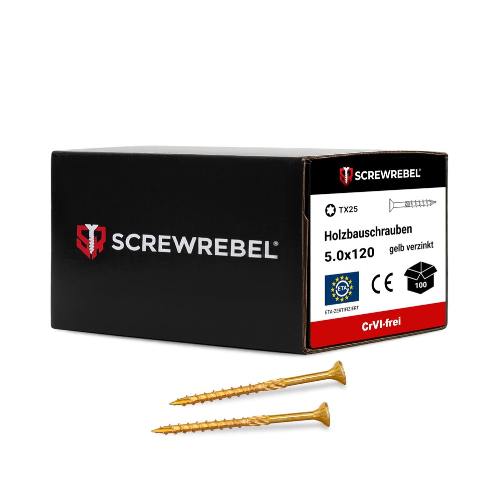 Wood Construction Screws 5 x 120 mm, 100 Pack, Yellow Zinc-Plated, TX 25 | SCREW REBEL