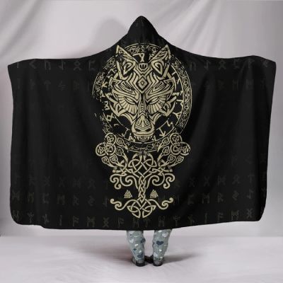 Fenrir Wolf King Hooded Blanket, Nordic Mythology, Sherpa Fleece, 150 x 200 cm