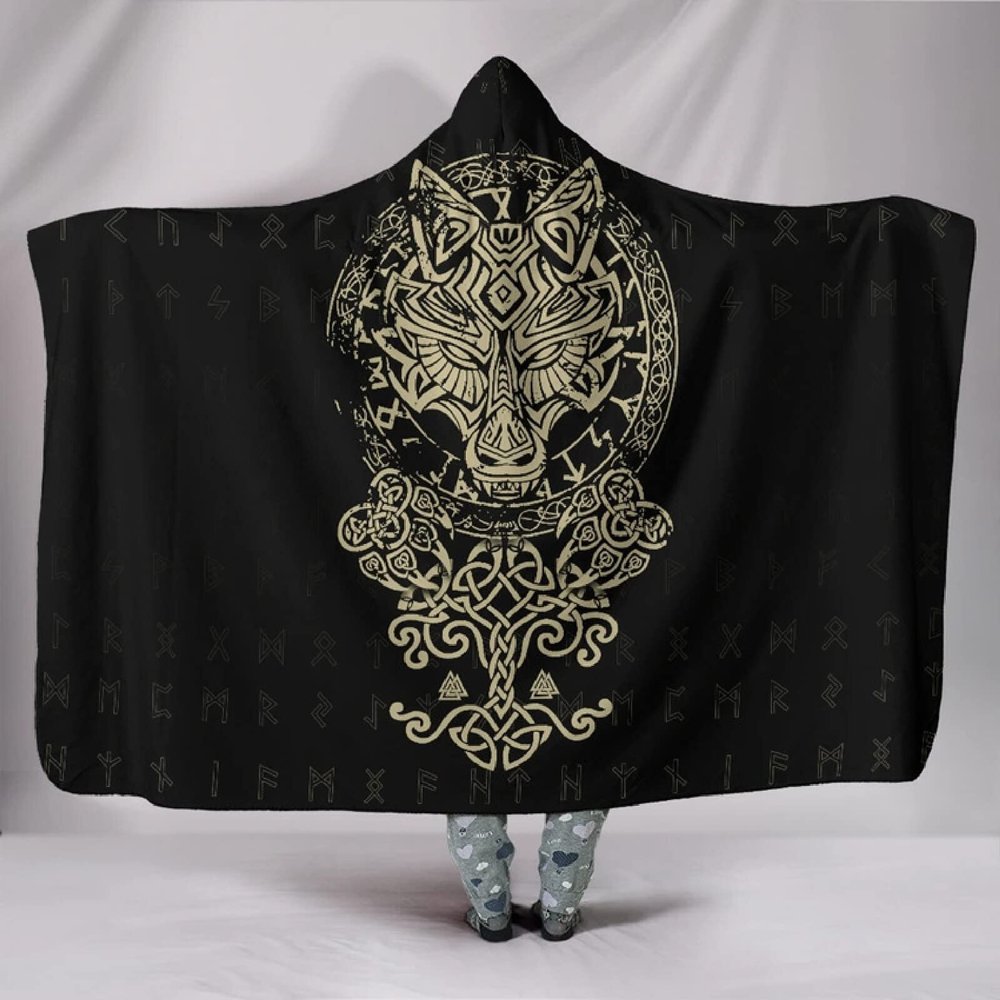 Fenrir Wolf King Hooded Blanket, Nordic Mythology, Sherpa Fleece, 150 x 200 cm