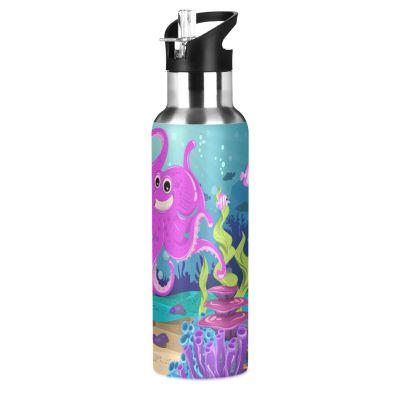 Vnurnrn Octopus Cartoon Water Bottle with Straw, 600 mL, Vacuum-Insulated 18/8 Stainless Steel, BPA-Free, for Kids' Sports, Hiking & School