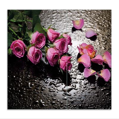 Wallario Glass Stove Cover/Splash Guard, 2-Piece, 70 x 52 cm, with 13 mm Feet, for Ceramic and Induction Cooktops, Pink Roses with Water Droplets