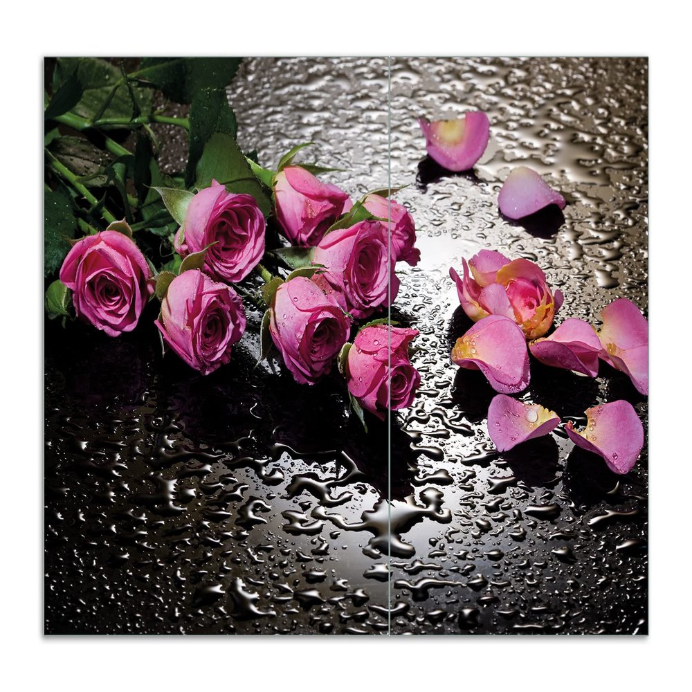 Wallario Glass Stove Cover/Splash Guard, 2-Piece, 70 x 52 cm, with 13 mm Feet, for Ceramic and Induction Cooktops, Pink Roses with Water Droplets