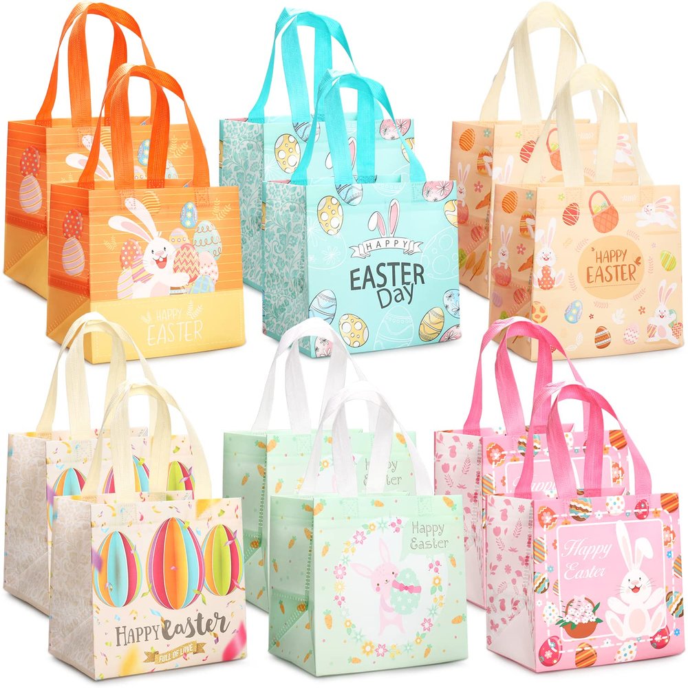 12 Easter Egg Hunt Bags with Handles, Bunny, Carrot, Chick and Egg Designs