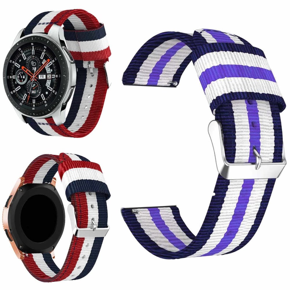Wigento Nylon Replacement Band for Samsung Galaxy Watch 6/5/4 40/44 mm, Watch 5 Pro 45 mm, Watch 6/4 Classic 43/47 mm, 42/46 mm, Blue/White/Purple