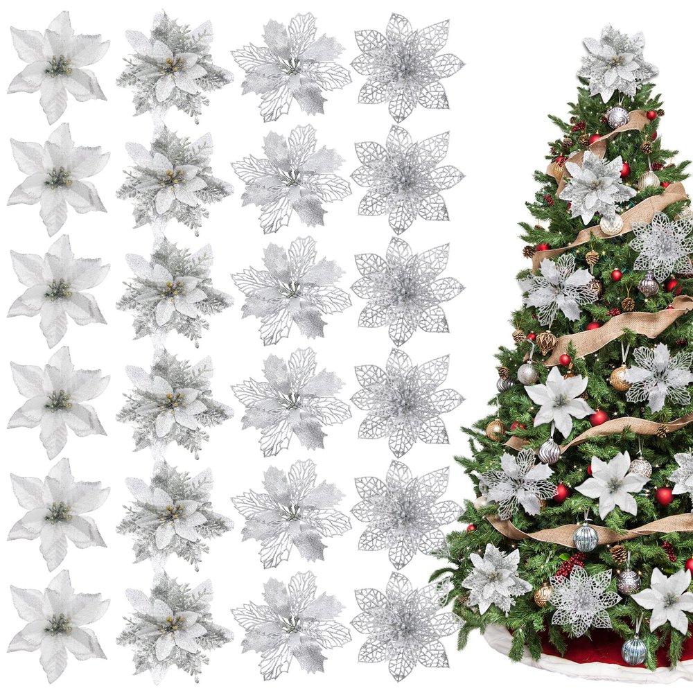Whaline 24-Piece Silver Glitter Poinsettia Set with Clips, 4 Designs