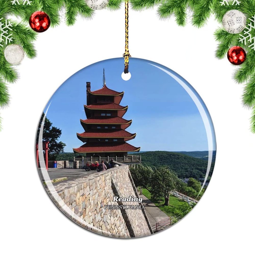 Weekino Reading Pagoda Pennsylvania USA Christmas Tree Ornament Decoration, Hanging Travel Souvenir, Double-Sided Porcelain, 7.1 cm
