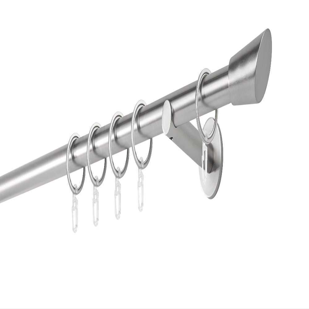 ondeco Custom-Length Curtain Rod, 20 mm, Single Track, 12 cm Wall Brackets, with Rings, Stainless Steel Look, 230 cm