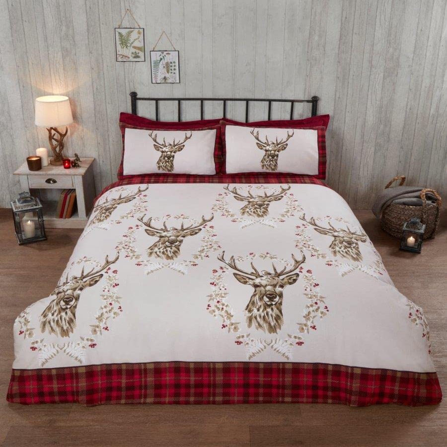 Rapport Home 100% Brushed Cotton Flannel Duvet Cover Set, Angus Stag Design, Single, Red